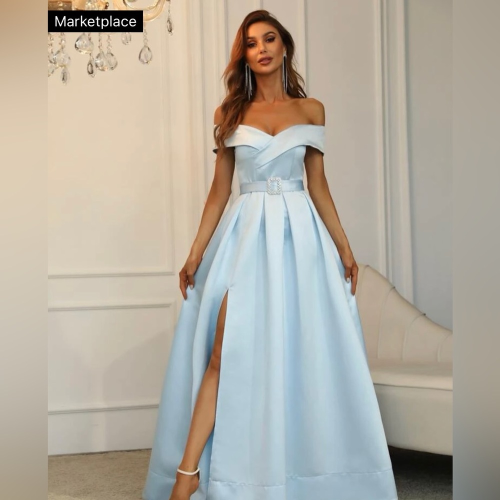 Satin off shoulder boxy pleated split thigh dress, size medium, color baby blue